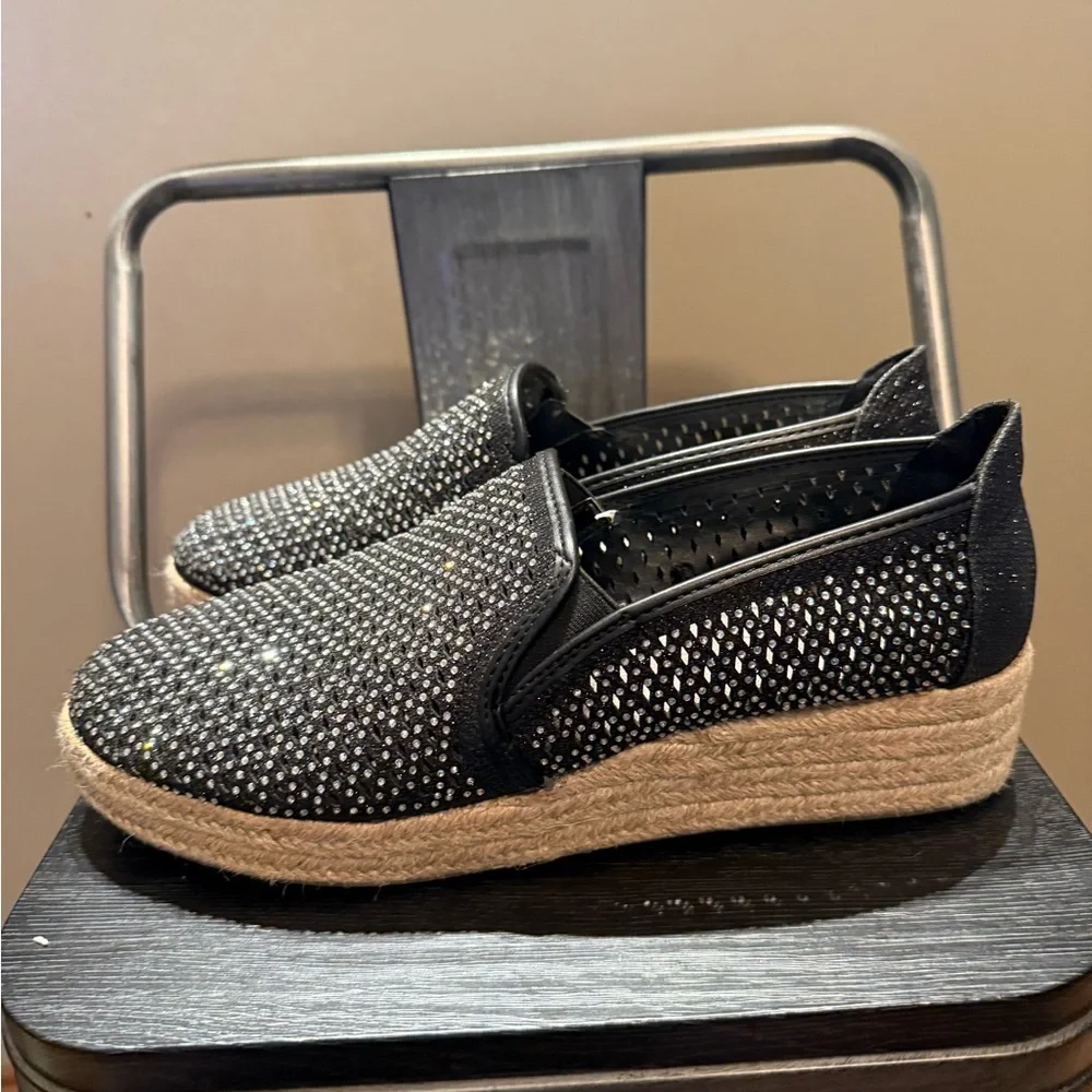 Andiamo Black Rhinestone Studded Espadrille Slip On Flats Womens Size 11 - Picture 7 of 12